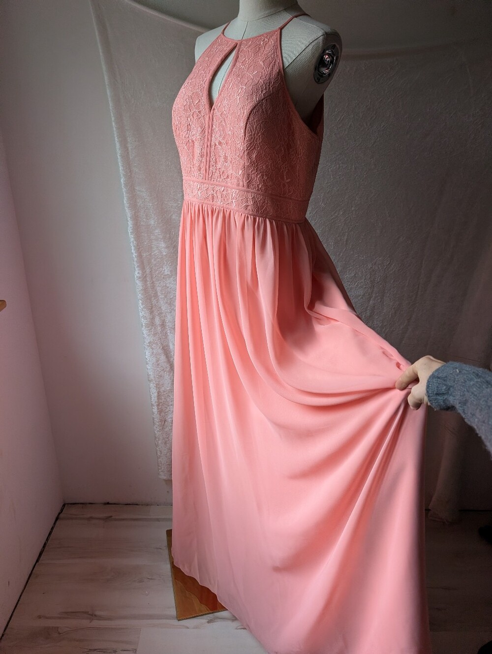 Azazie Peach High Neck Keyhole Lace Bust Fit Flare Bridesmaid Dress